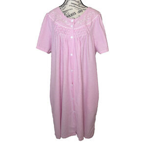 Miss Elaine House Coat 2XL Pink Gingham Seersucker Short Sleeve Midi Pockets